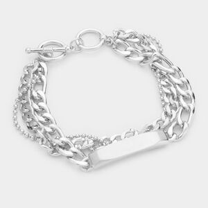 Silver Triple Layer Chain Link Metal Bar ID Bracelet Toggle Clasp Casual
